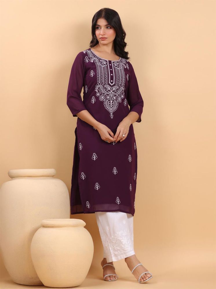     			Janasya Pack of 1 Georgette Embroidered Straight Women's Kurti - ( Purple )