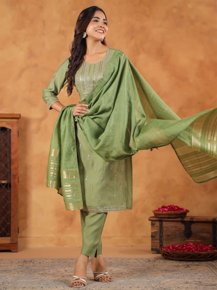     			Janasya Silk Blend Embroidered Kurti With Pants Women's Stitched Salwar Suit - Green ( Pack of 1 )