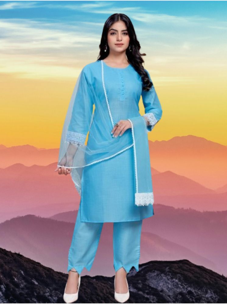     			RUTSH CREATION Cotton Solid Kurti With Pants Women's Stitched Salwar Suit - Blue ( Pack of 1 )