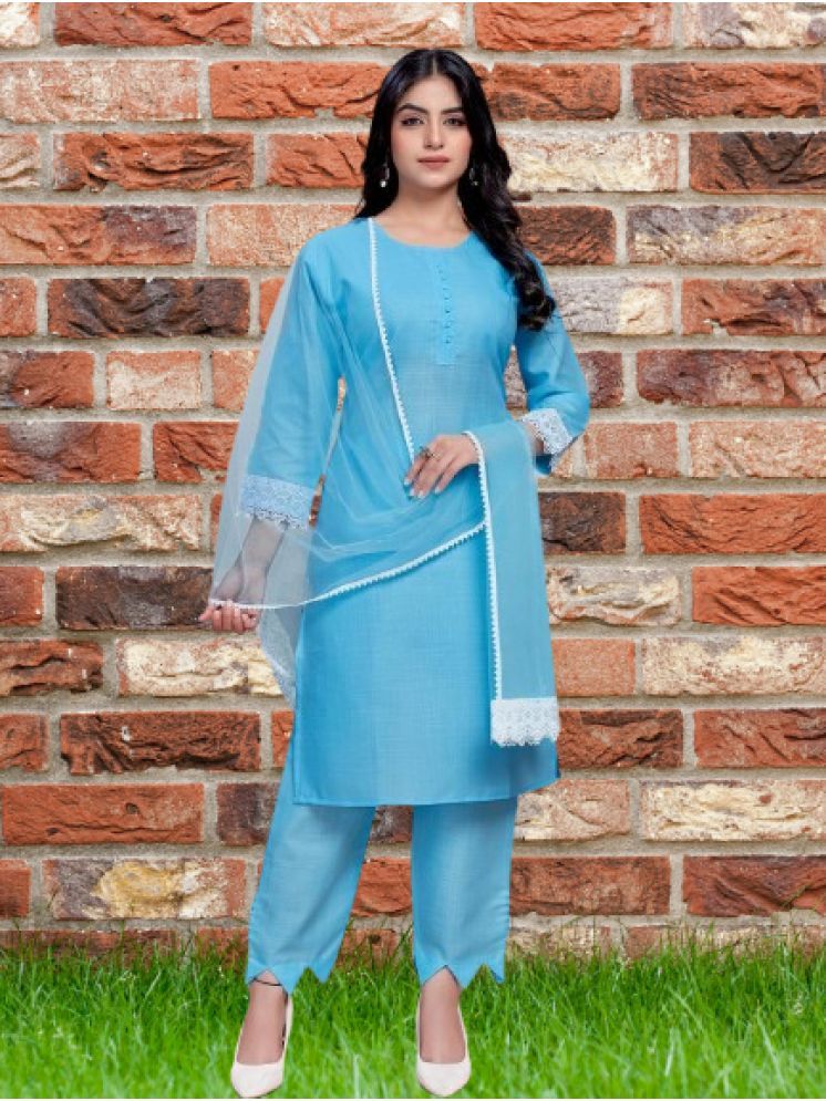     			RUTSH CREATION Cotton Solid Kurti With Pants Women's Stitched Salwar Suit - Blue ( Pack of 1 )