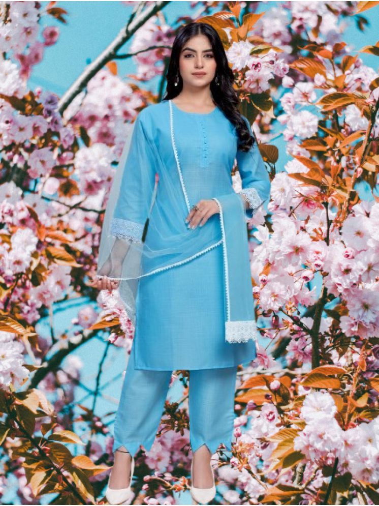     			RUTSH CREATION Cotton Solid Kurti With Pants Women's Stitched Salwar Suit - Blue ( Pack of 1 )