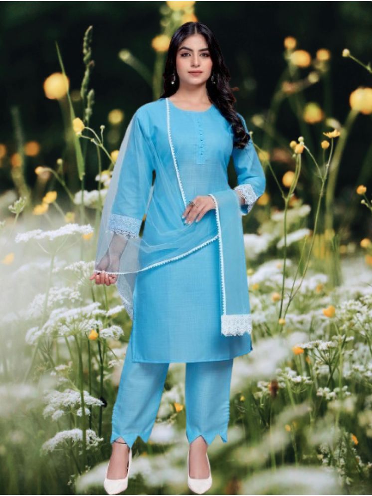     			RUTSH CREATION Cotton Solid Kurti With Pants Women's Stitched Salwar Suit - Blue ( Pack of 1 )