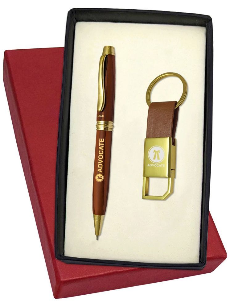     			UJJi Advocate Logo Wooden Design Pen in Brass Material with Hook Keychain and Pen Gift Set