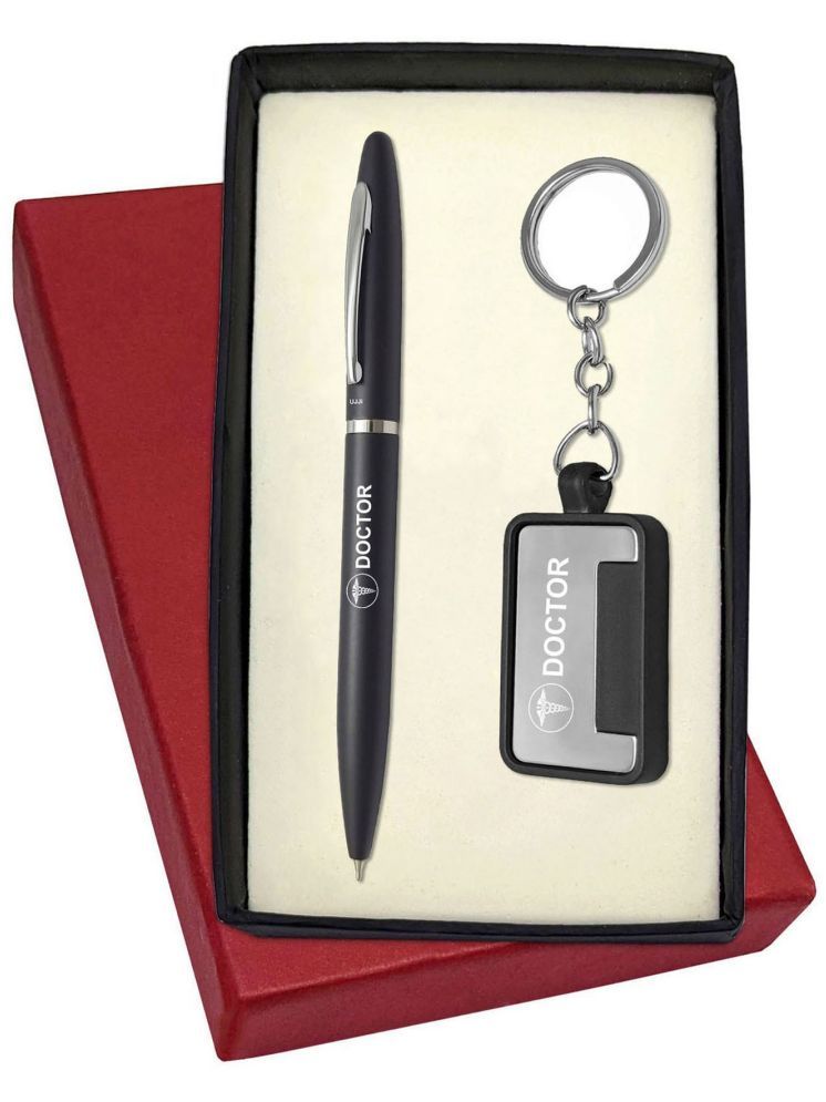     			UJJi Doctor Logo Engraved Metal Keychaind with Matte Black Twist Mechanism Pen Gift Set