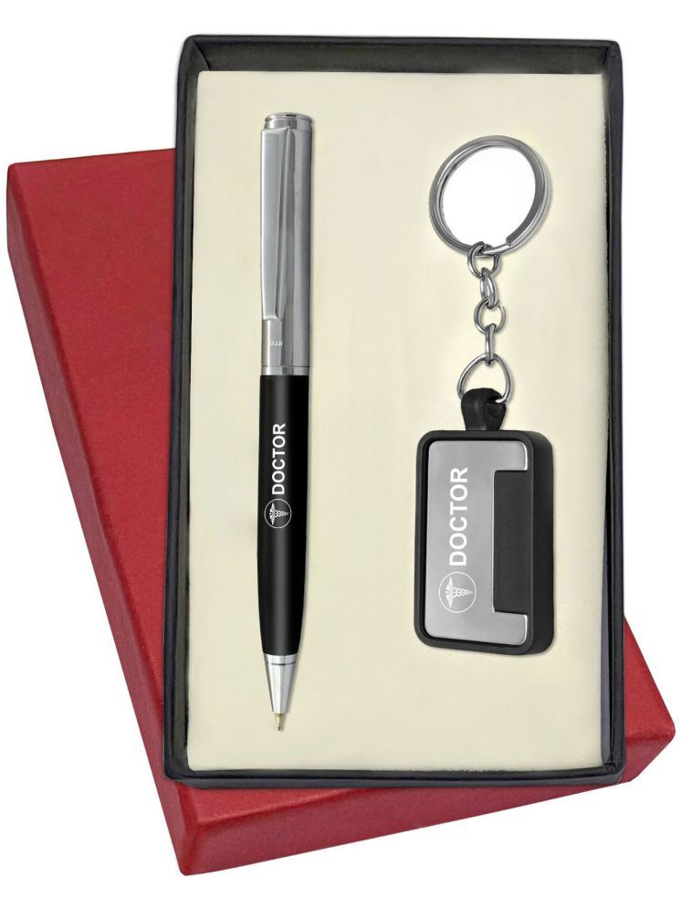     			UJJi Doctor Logo Half Chrome Plated Black Body Pen with Keychain Pen Gift Set