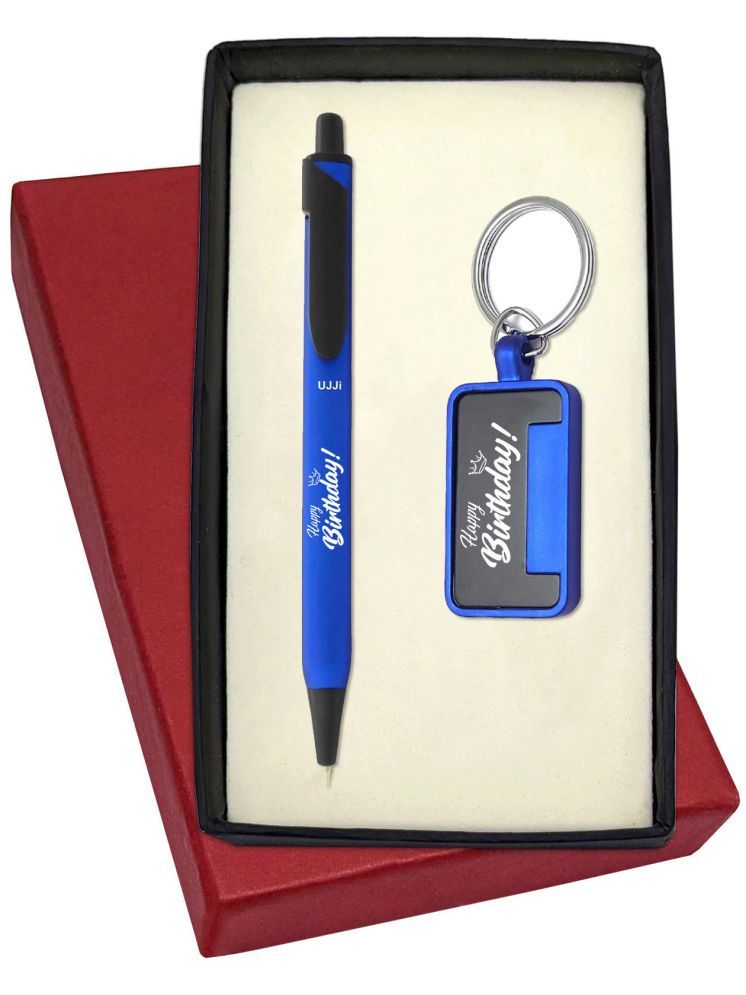     			UJJi Happy Birthday Gifts Matte Blue Pen with Metal Keyring Pen Gift Set