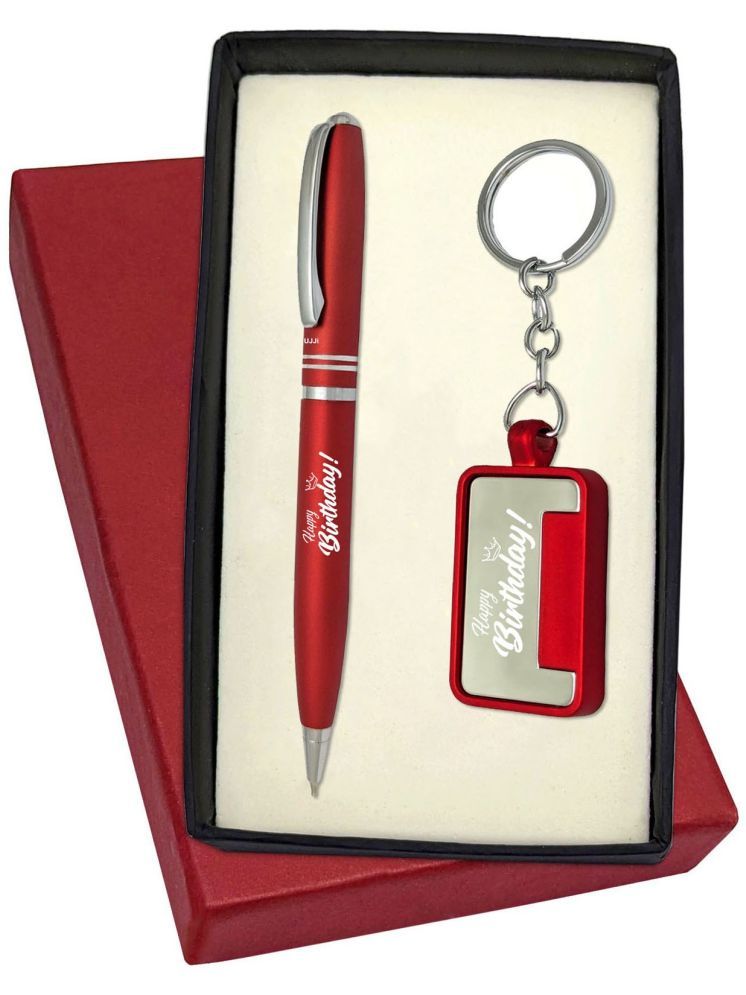     			UJJi Happy Birthday Printed Ring Design Red Colour Metal Pen with Keychain Pen Gift Set