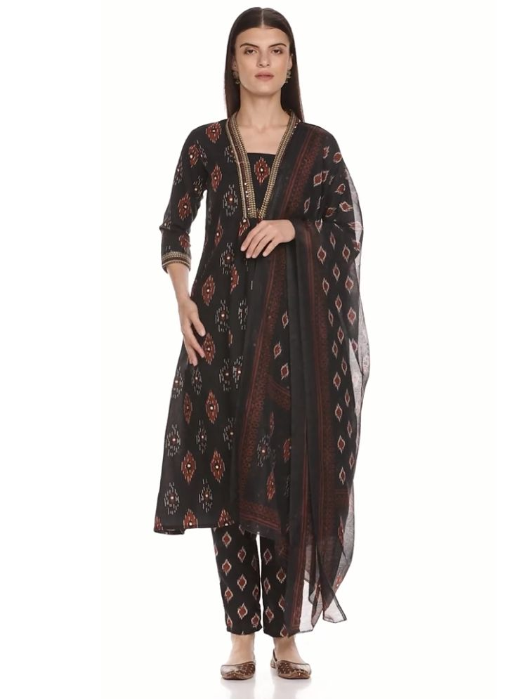     			Vividvibe Chanderi Printed Kurti With Pants Women's Stitched Salwar Suit - Black ( Pack of 1 )