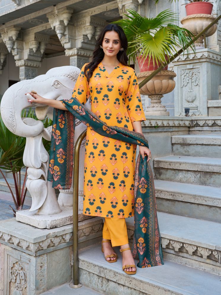     			VIBE VISION Cotton Blend Printed Kurti With Pants Women's Stitched Salwar Suit - Yellow ( Pack of 1 )