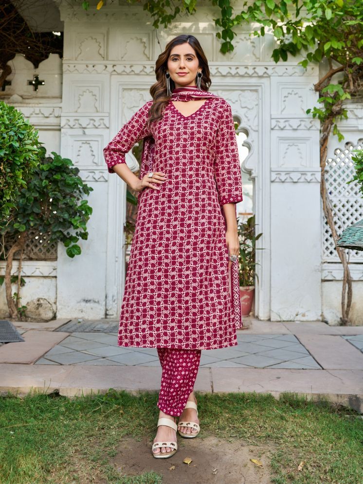     			VIBE VISION Cotton Blend Printed Kurti With Pants Women's Stitched Salwar Suit - Red ( Pack of 1 )