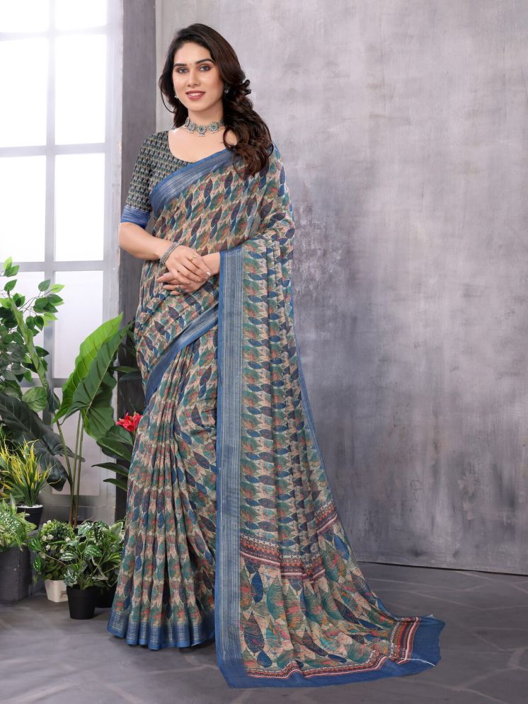     			NightBlue Pack of 1 Linen Printed Saree With Blouse Piece ( Light Blue )