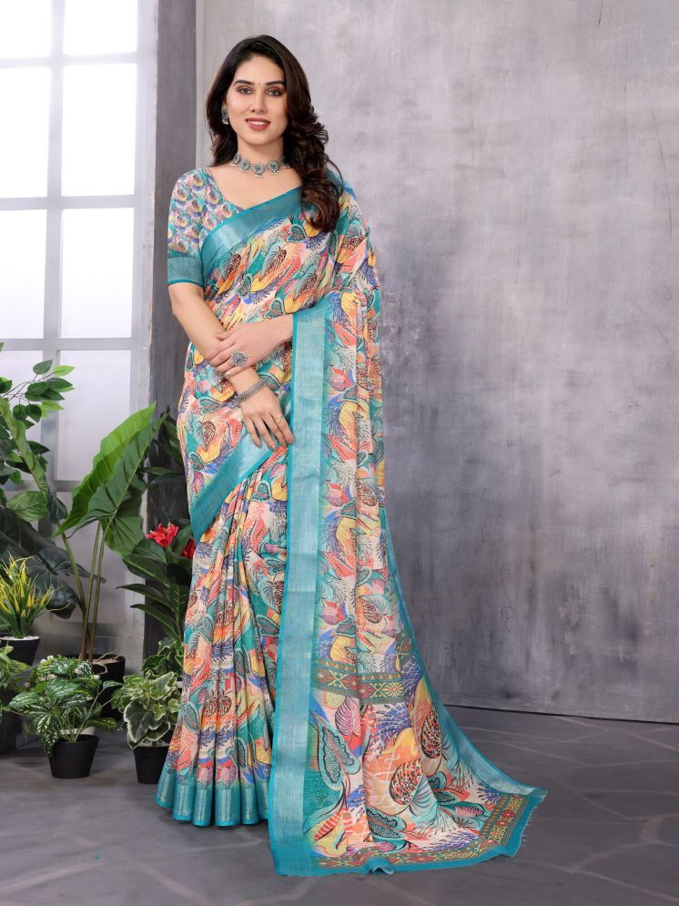     			NightBlue Pack of 1 Linen Printed Saree With Blouse Piece ( SkyBlue )