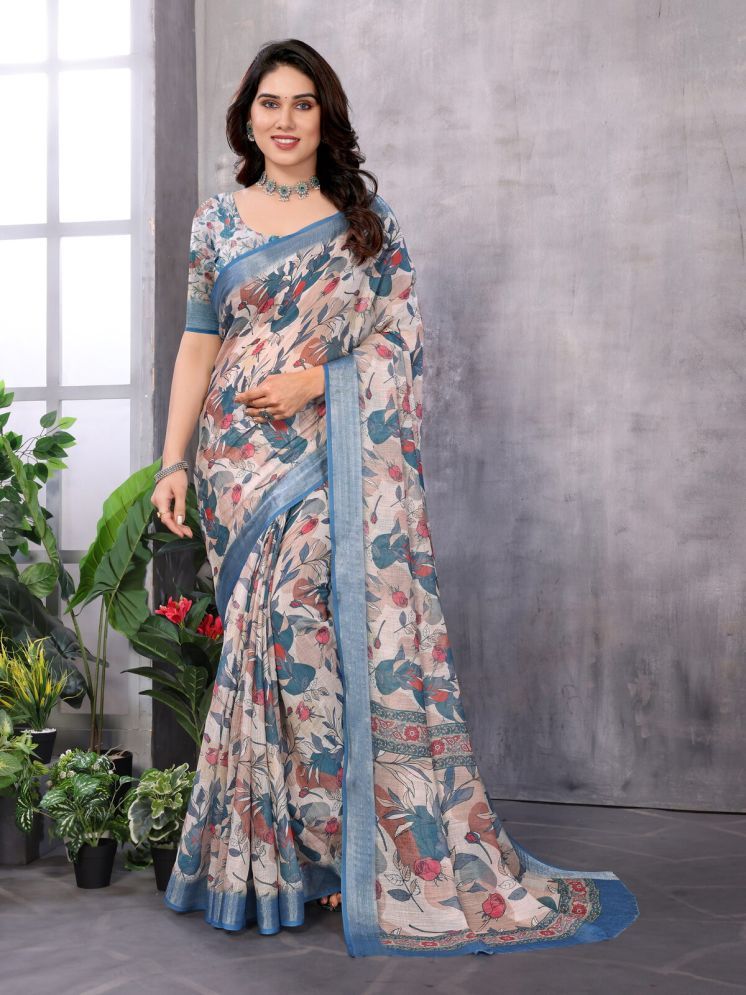     			NightBlue Pack of 1 Linen Printed Saree With Blouse Piece ( Beige )