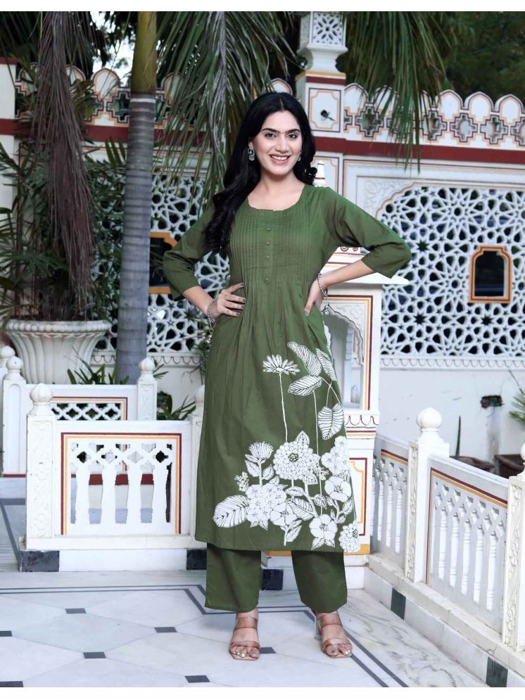     			Doriyaan Cotton Printed Kurti With Palazzo Women's Stitched Salwar Suit - Dark Green ( Pack of 1 )