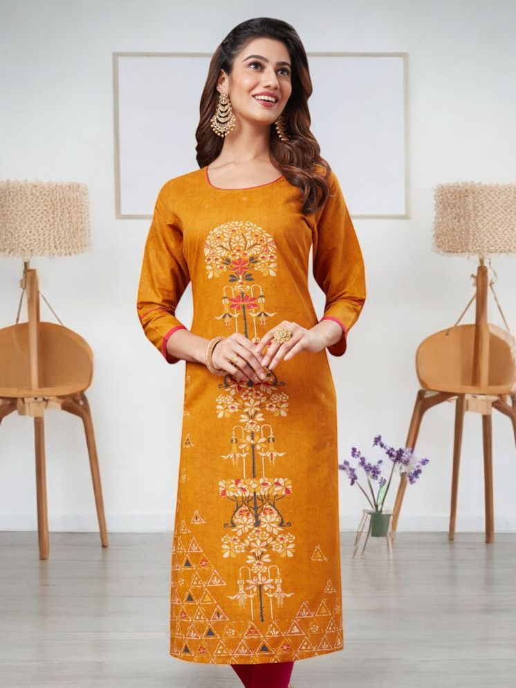     			Jevi Prints Pack of 1 Cotton Printed Straight Women's Kurti - ( Gold )