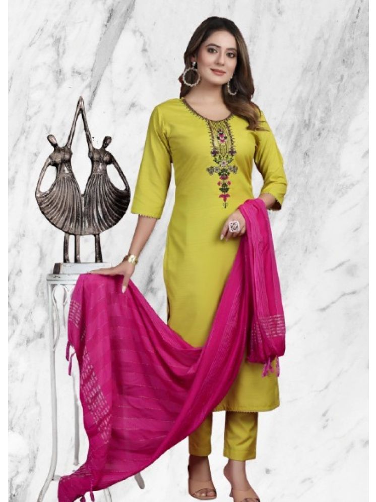     			RUTSH CREATION Cotton Embroidered Kurti With Pants Women's Stitched Salwar Suit - Lime Green ( Pack of 1 )