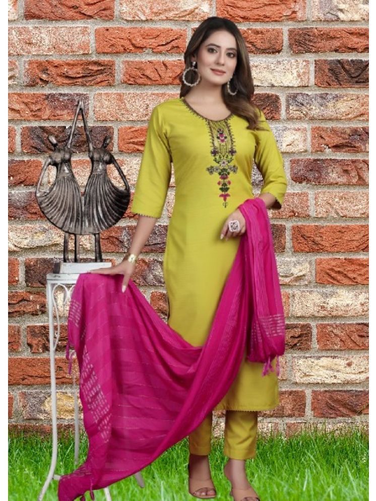     			RUTSH CREATION Cotton Embroidered Kurti With Pants Women's Stitched Salwar Suit - Lime Green ( Pack of 1 )