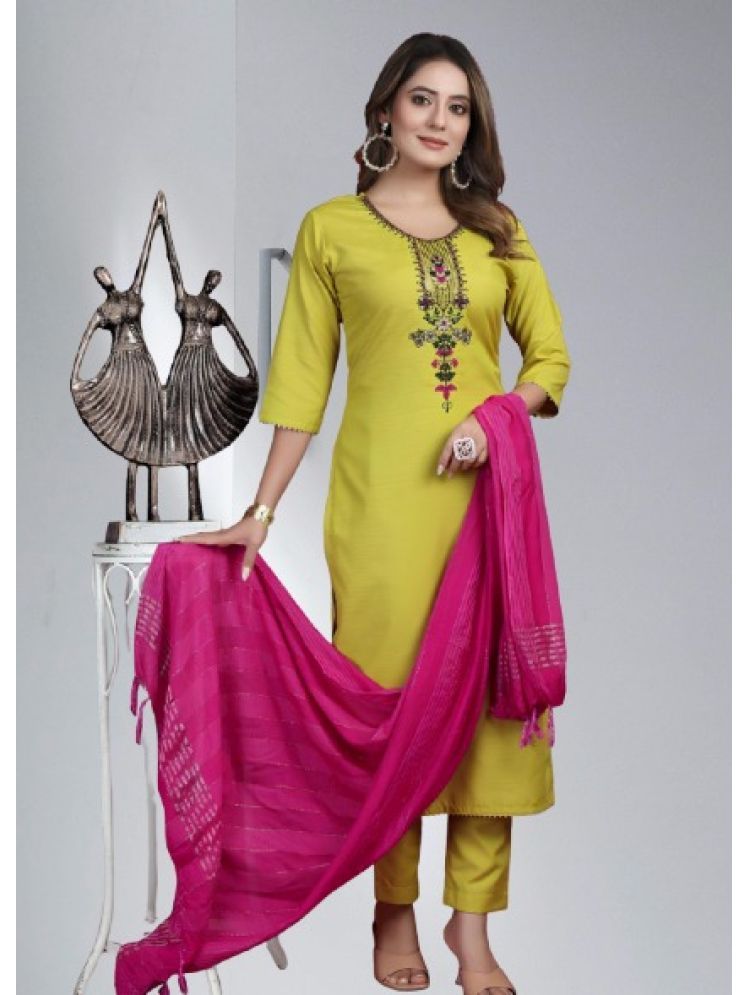     			RUTSH CREATION Cotton Embroidered Kurti With Pants Women's Stitched Salwar Suit - Lime Green ( Pack of 1 )