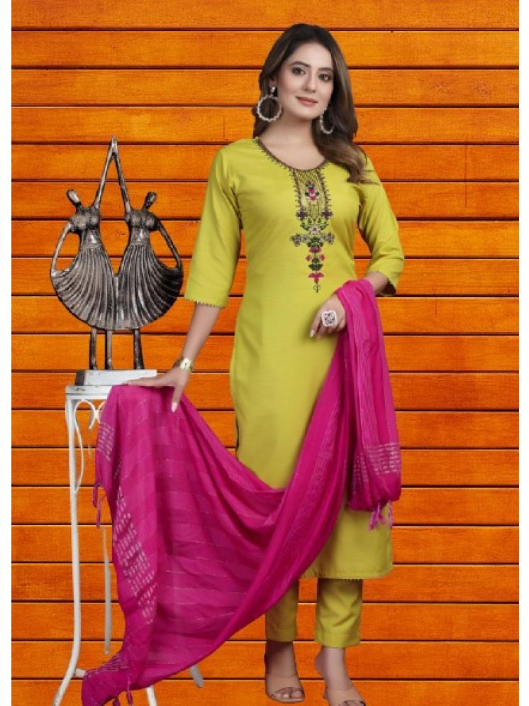     			RUTSH CREATION Cotton Embroidered Kurti With Pants Women's Stitched Salwar Suit - Lime Green ( Pack of 1 )