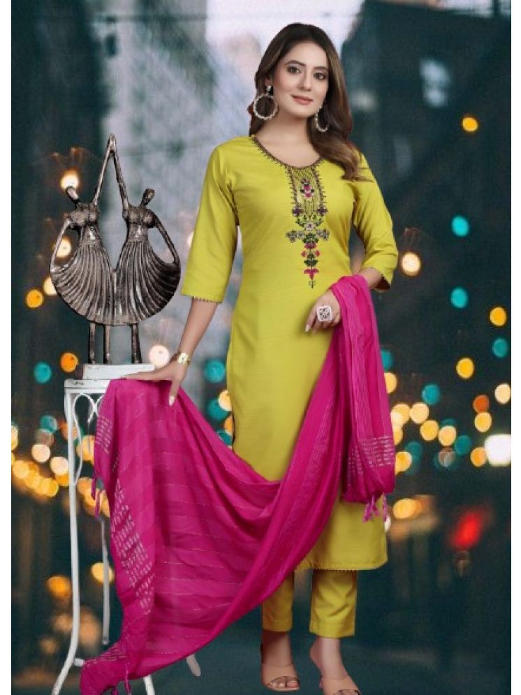     			RUTSH CREATION Cotton Self Design Kurti With Pants Women's Stitched Salwar Suit - Lime Green ( Pack of 1 )