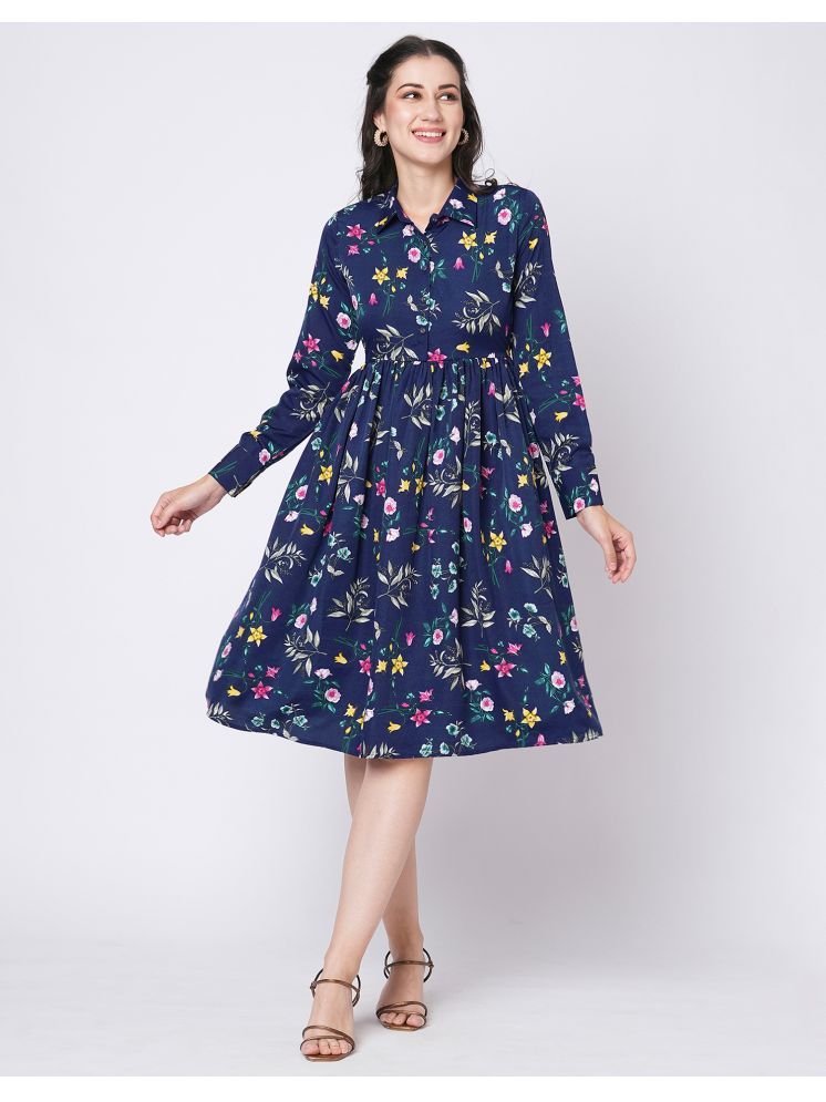     			Selvia Crepe Printed Knee Length Women's Fit & Flare Dress - Navy Blue ( Pack of 1 )