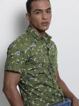 The Indian Garage Co Men Olive Green & White Floral Printed Pure Cotton Casual Shirt