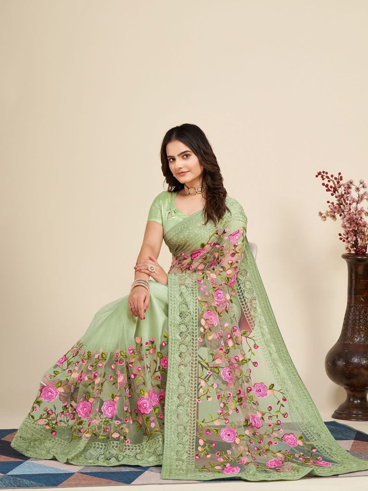     			A TO Z CART Pack of 1 Net Embroidered Saree With Blouse Piece ( LightGreen )