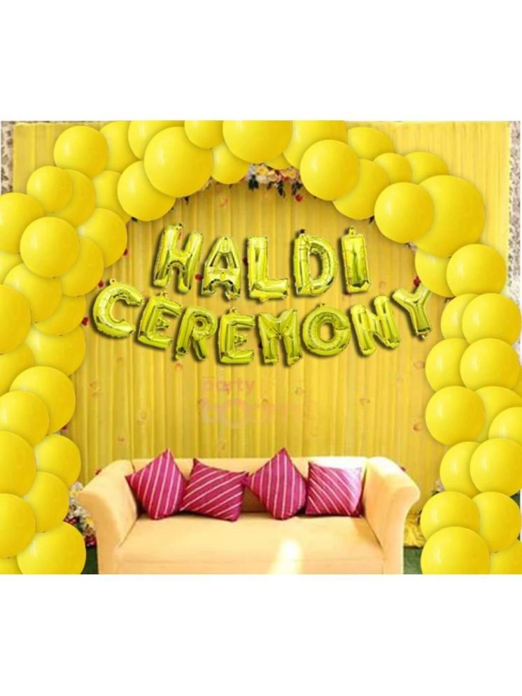     			PartyBooms Haldi Ceremony Foil Decoration, 2 Gold Curtians 50 pcs Yellow Balloons (Pack of 53)