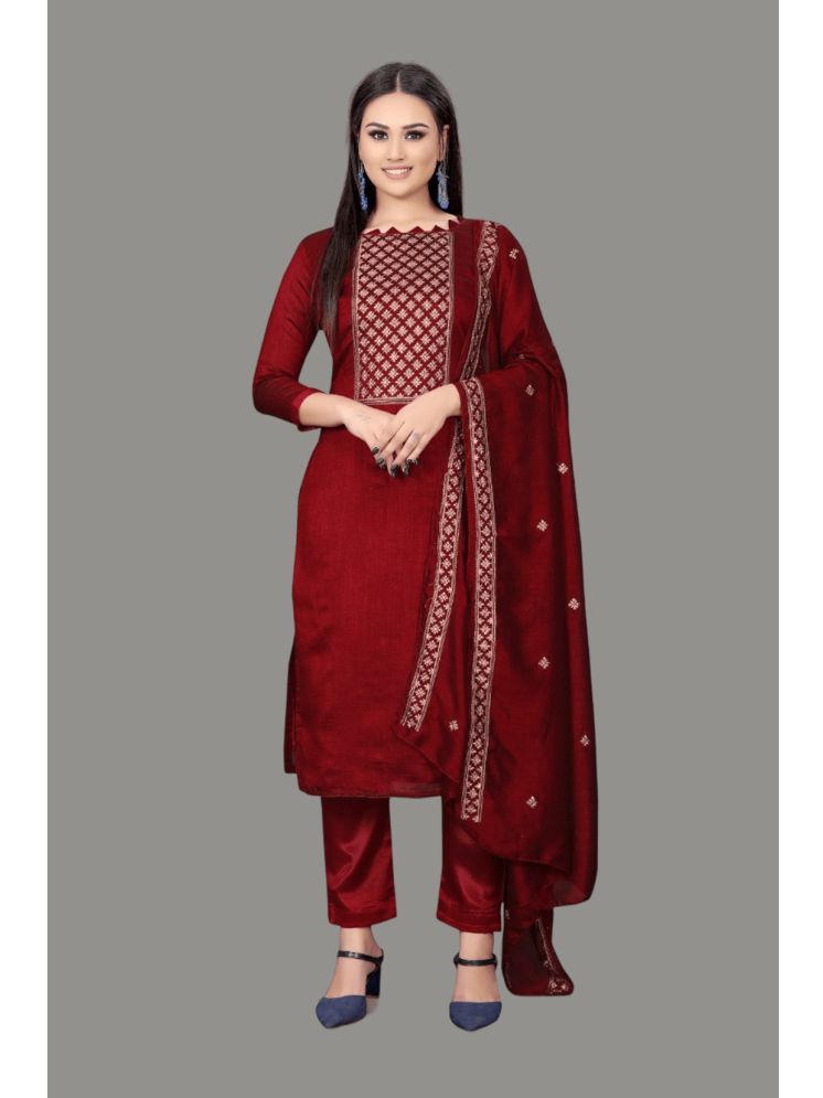     			Apnisha Unstitched Silk Embellished Dress Material - Maroon ( Pack of 1 )