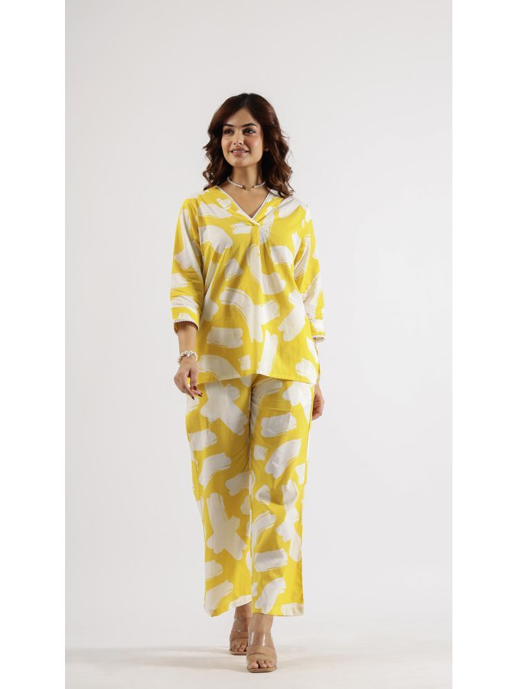     			Label Flavia Yellow Printed Palazzo Top Set