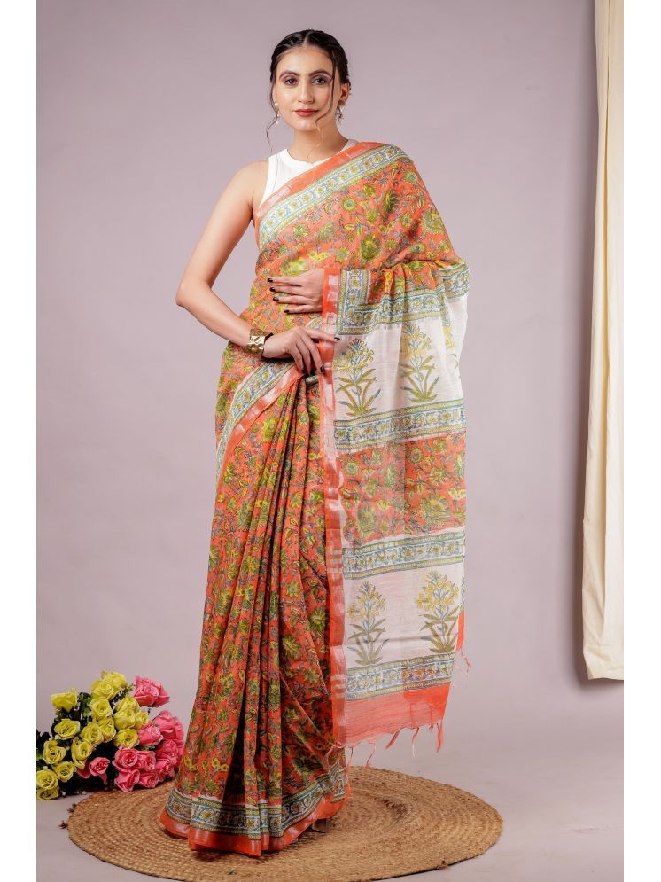     			NOITAERCPR Pack of 1 Linen Printed Saree With Blouse Piece ( Multicolor )