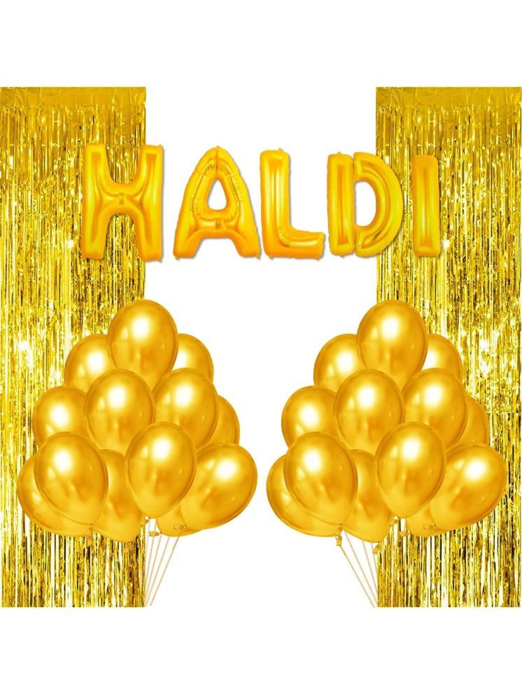     			PartyBooms Haldi Foil Decoration, 2 Gold Curtians, 50 pcs Gold Metalic Balloons (Pack of 53)