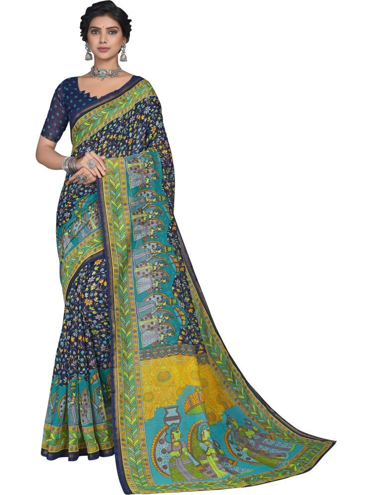     			Sariya Pack of 1 Silk Blend Printed Saree With Blouse Piece ( Navy Blue )