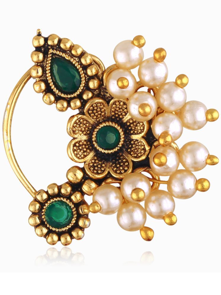     			Vivastri's Premium Semicircled Shaped Green Coloured White Pearl Beaded Nath For Womens & Gilrs-VIVA1299NTH-PRESS-GREEN