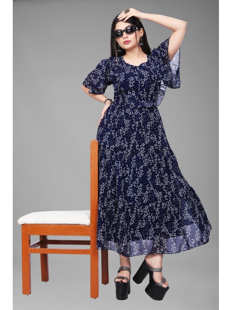     			Femvy Georgette Printed Ankle Length Women's Fit & Flare Dress - Blue ( Pack of 1 )