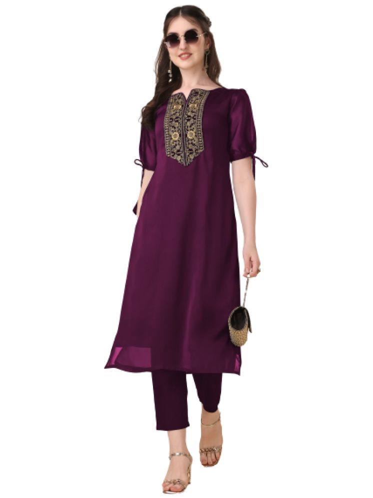     			GOROLY Pack of 1 Silk Blend Embroidered Flared Women's Kurti - ( Wine )