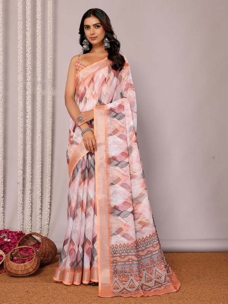     			Janasya Pack of 1 Cotton Blend Printed Saree With Blouse Piece ( Peach )