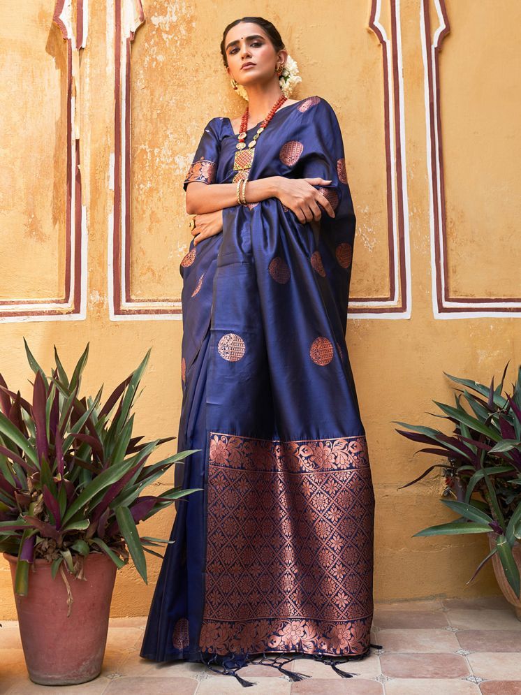     			Janasya Pack of 1 Kanjivaram Silk Printed Saree With Blouse Piece ( Navy Blue )