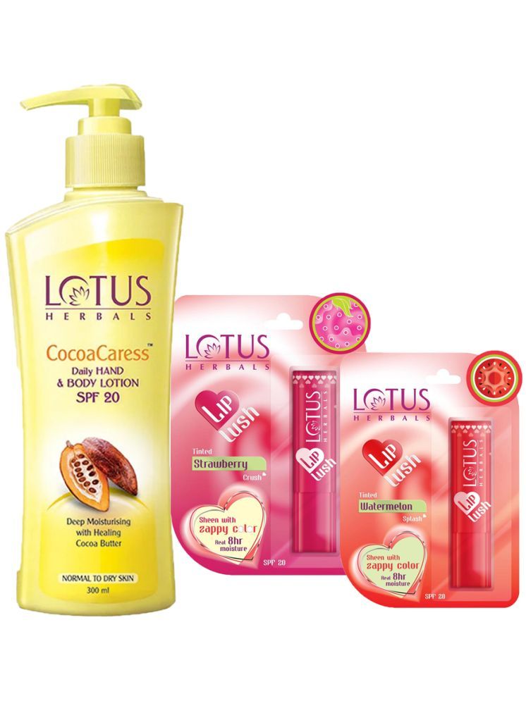     			Lotus Herbals Winter Kit Cocoacaress Body Lotion 250ml , Lip Lush Strawberry 3.5g , Watermelon 3.5g (Pack of 3)