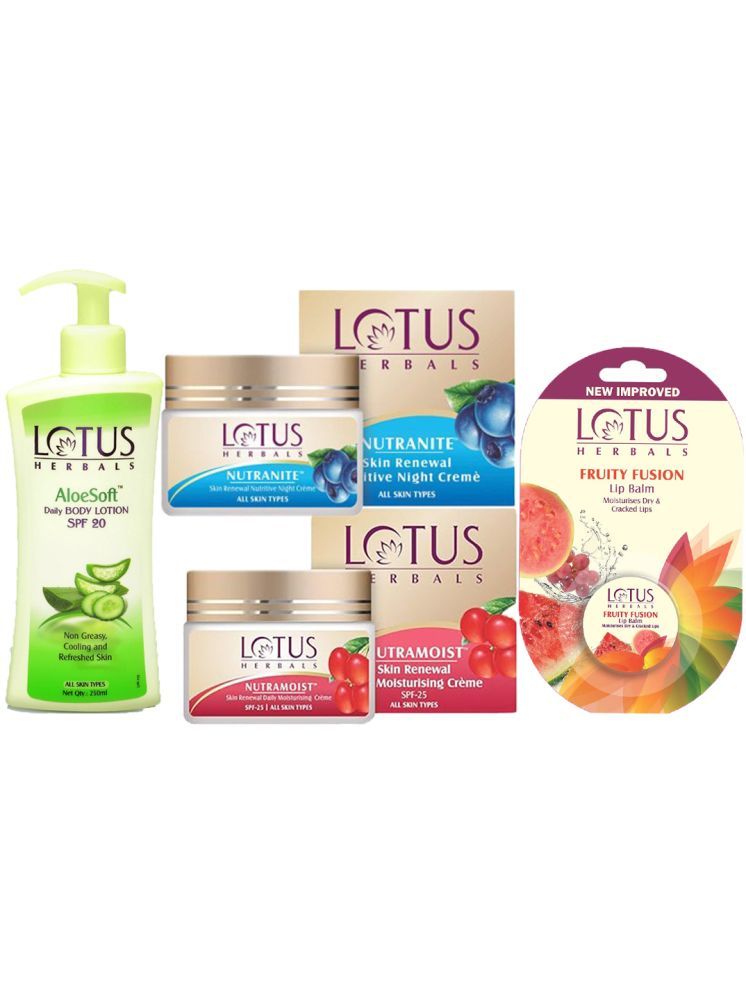     			Lotus Herbals Winter Nutramoist 50g , Nutranite 50g , Aloesoft Body Lotion 250ml , Fruity Fusion 5g (Pack of 4)