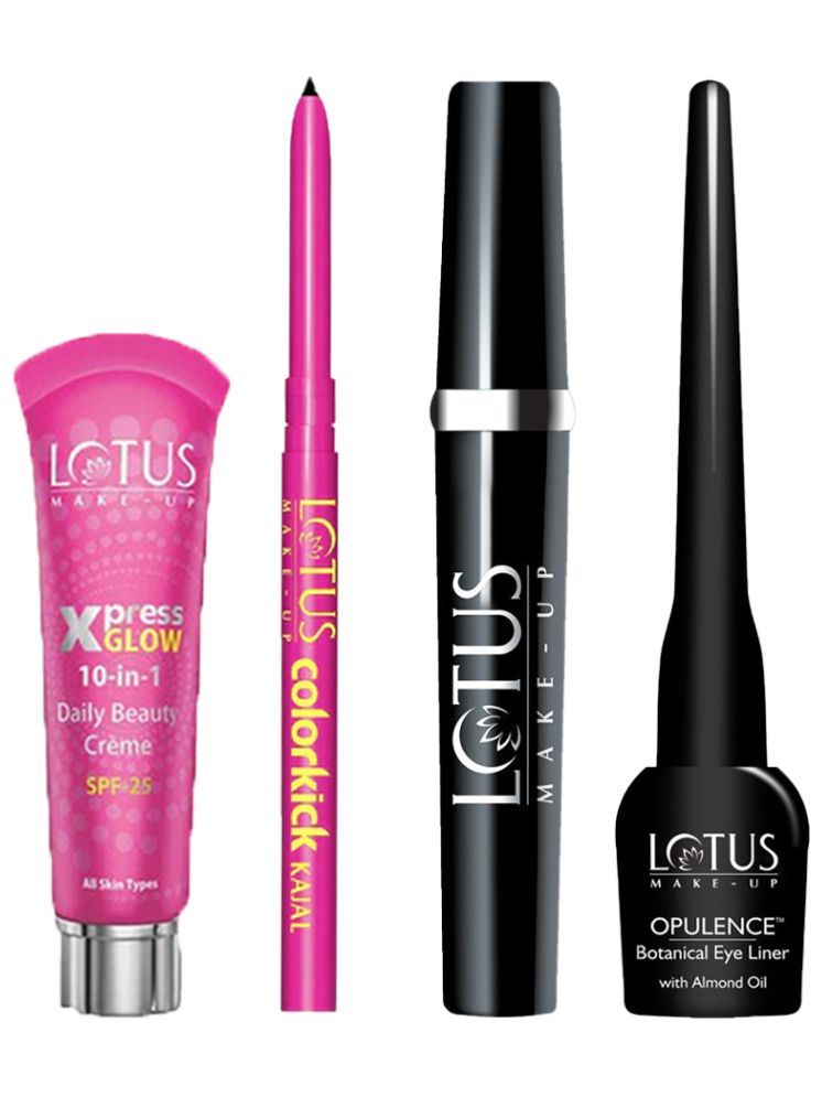     			Lotus Make-up ColorKick Kajal Black 0.35g , Eye Liner 4g , Mascara 4g ,Xpress Glow X1 30g (Pack of 4)