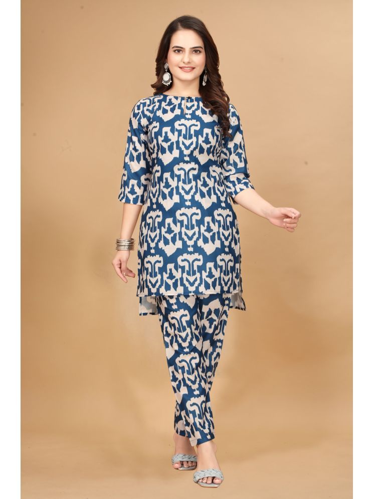     			Nirja Fab Cotton Blend Printed Kurti With Pants Women's Stitched Salwar Suit - Blue ( Pack of 1 )