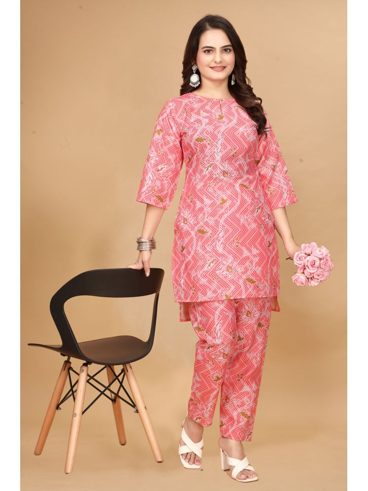     			Nirja Fab Cotton Blend Printed Kurti With Pants Women's Stitched Salwar Suit - Pink ( Pack of 1 )