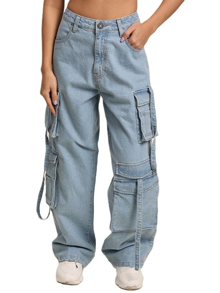     			Women Light Blue Denim Cargo Trouser 3 D Baggy Front Pockets And Loops