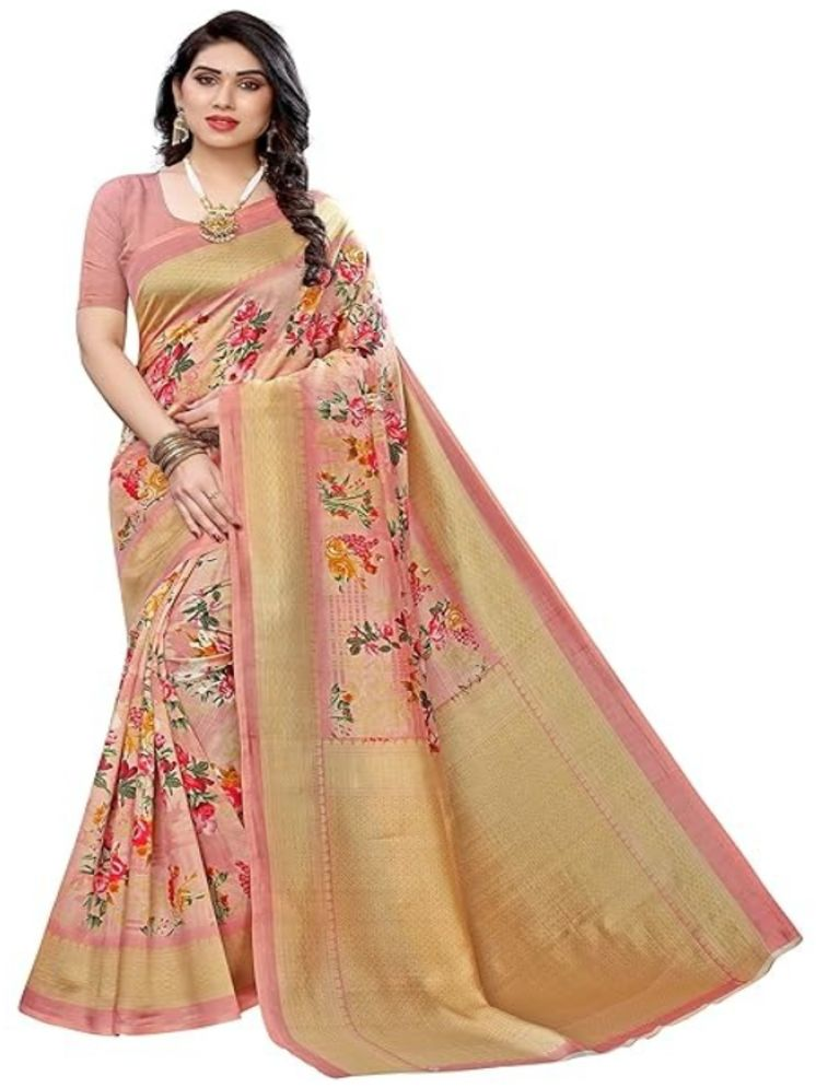     			Grubstaker Pack of 1 Art Silk Printed Saree With Blouse Piece ( Pink )