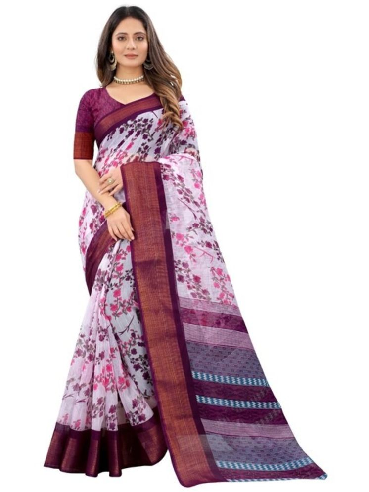     			Grubstaker Pack of 1 Cotton Blend Printed Saree With Blouse Piece ( White )