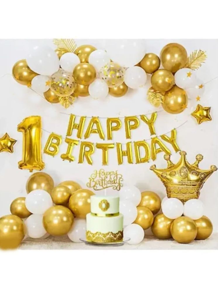     			PartyBooms Happy Birthday Black Banner, 1 Number Gold Foil Balloon, 1 Gold Crown Foil 2 Gold Star, 30 Gold, White Metalic Balloons & 5 Confetti Balloons (Pack of 40)