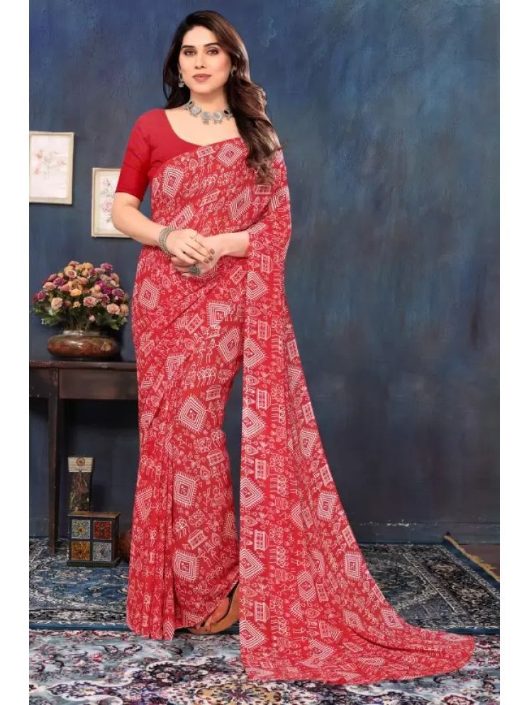     			Saadhvi Pack of 1 Georgette Printed Saree With Blouse Piece ( Red )