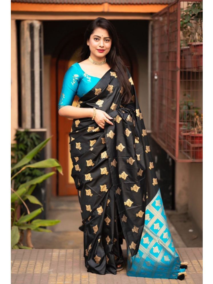     			Vividvibe Pack of 1 Banarasi Silk Printed Saree With Blouse Piece ( LightBlue )