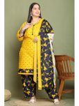 Rajnandini Cotton Blend Printed Kurti With Palazzo Women's Stitched Salwar Suit - Mustard ( Pack of 1 )